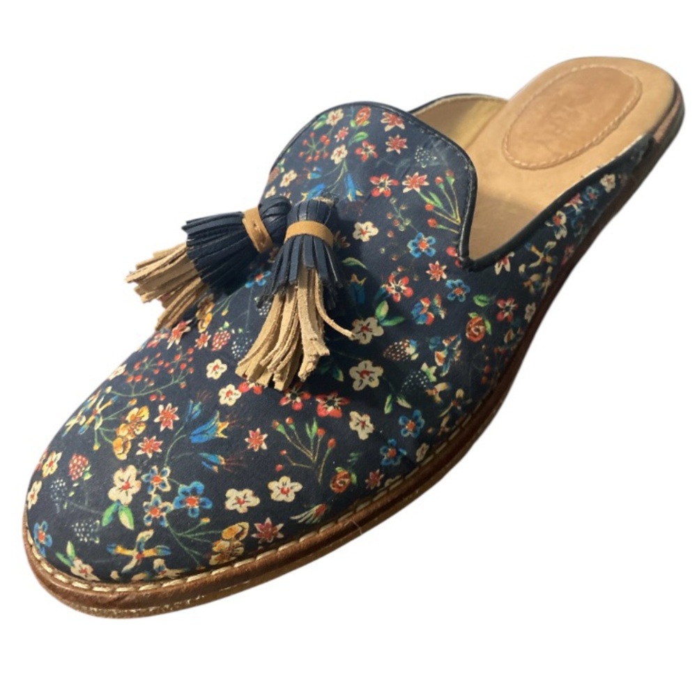 Sperry Navy Floral Fabric Beachy Nautical Navy Slip on Mules Flats Tassels Sz 7